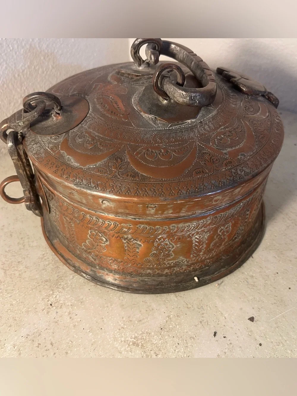 Antique Copper Hand Etched Hammered Indian Chapati Box